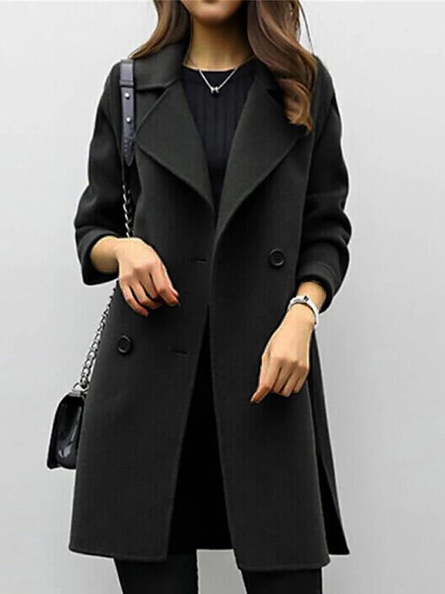 Fashionable women's outerwear: a long, double-breasted lapel trench coat