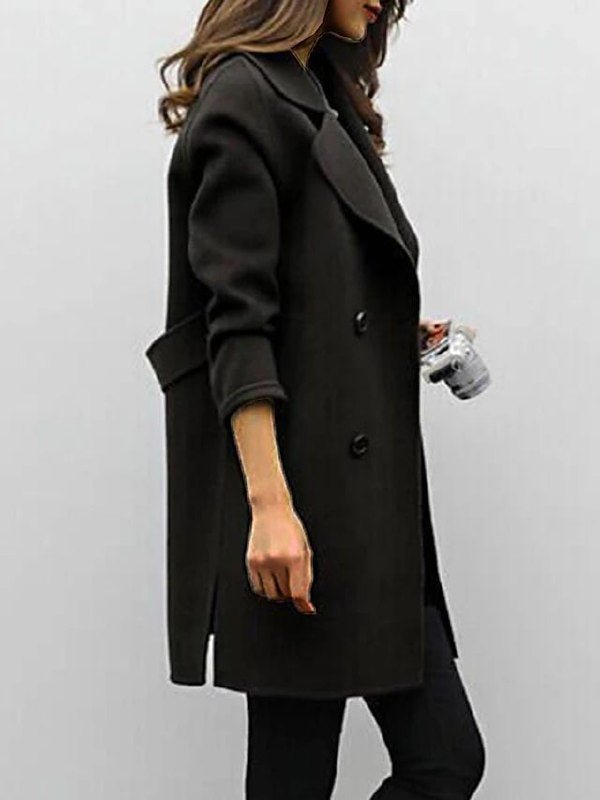 Elegant long trench coat for women, featuring a double-breasted lapel design