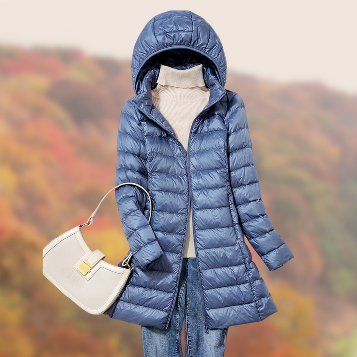 Women's long hooded puffer jacket in black, perfect for cold weather.