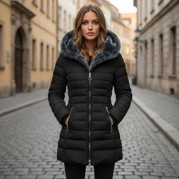 Stylish quilted puffer jacket for women, perfect for cold weather outerwear.
