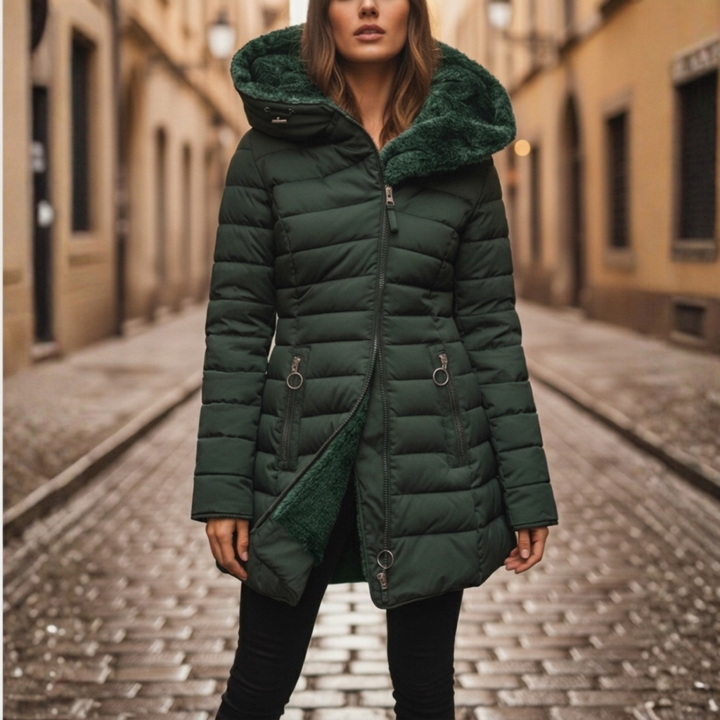 Warm and fashionable women's long puffer jacket featuring a cozy hood.