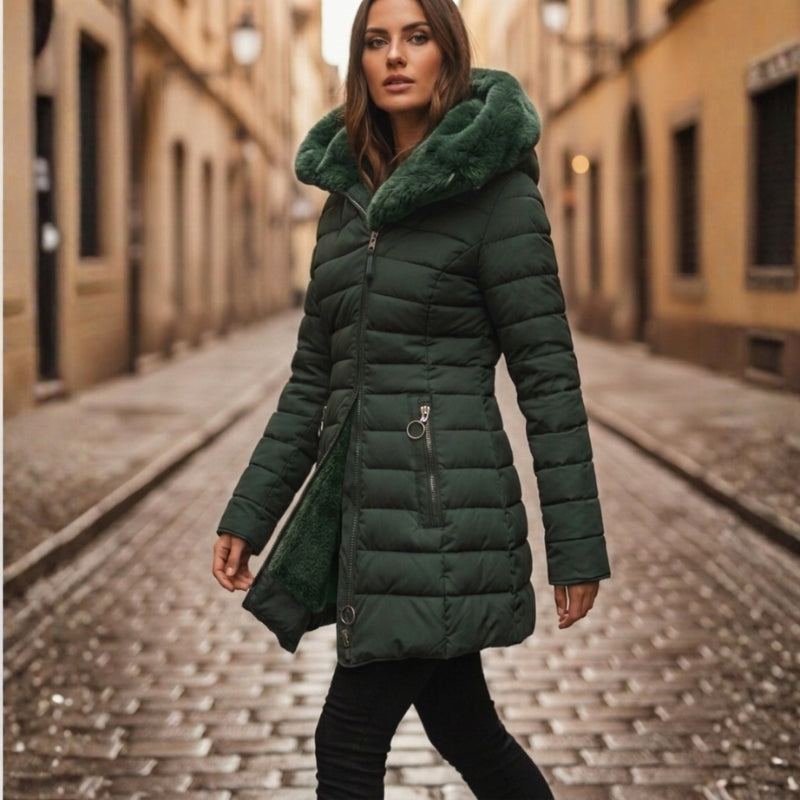 Durable winter jacket for women, offering quilted insulation and a long silhouette.