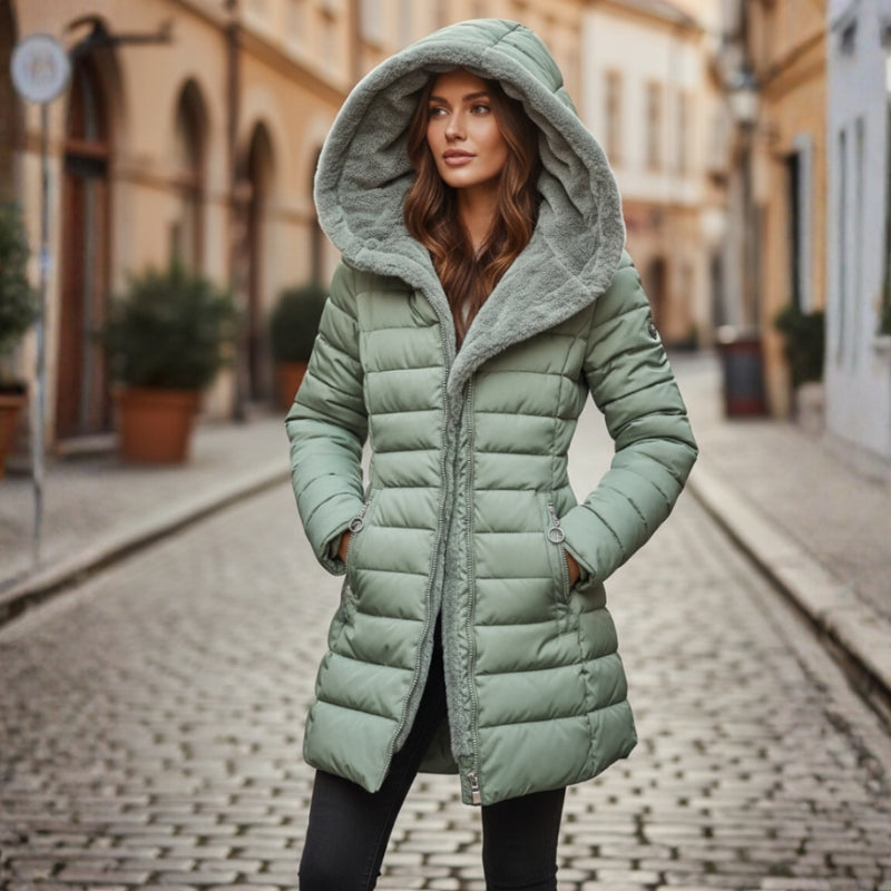 Chic long puffer jacket for ladies, ideal for winter fashion and protection.
