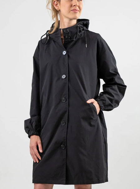 Women's long hooded rain jacket in blue, providing stylish outdoor protection.