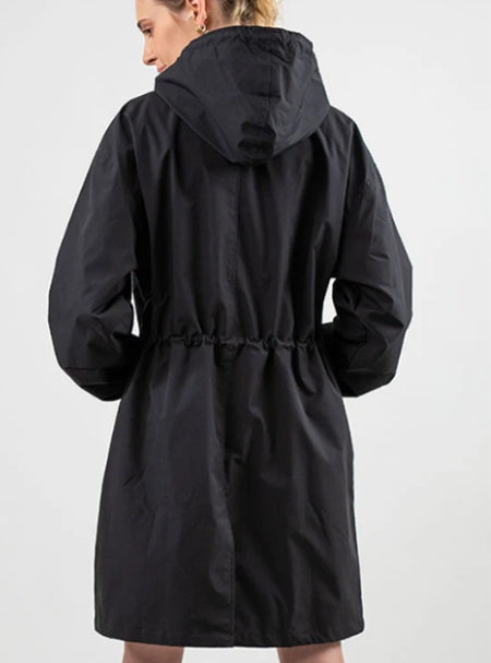 Close-up of the waterproof fabric on a women's long hooded rain jacket.