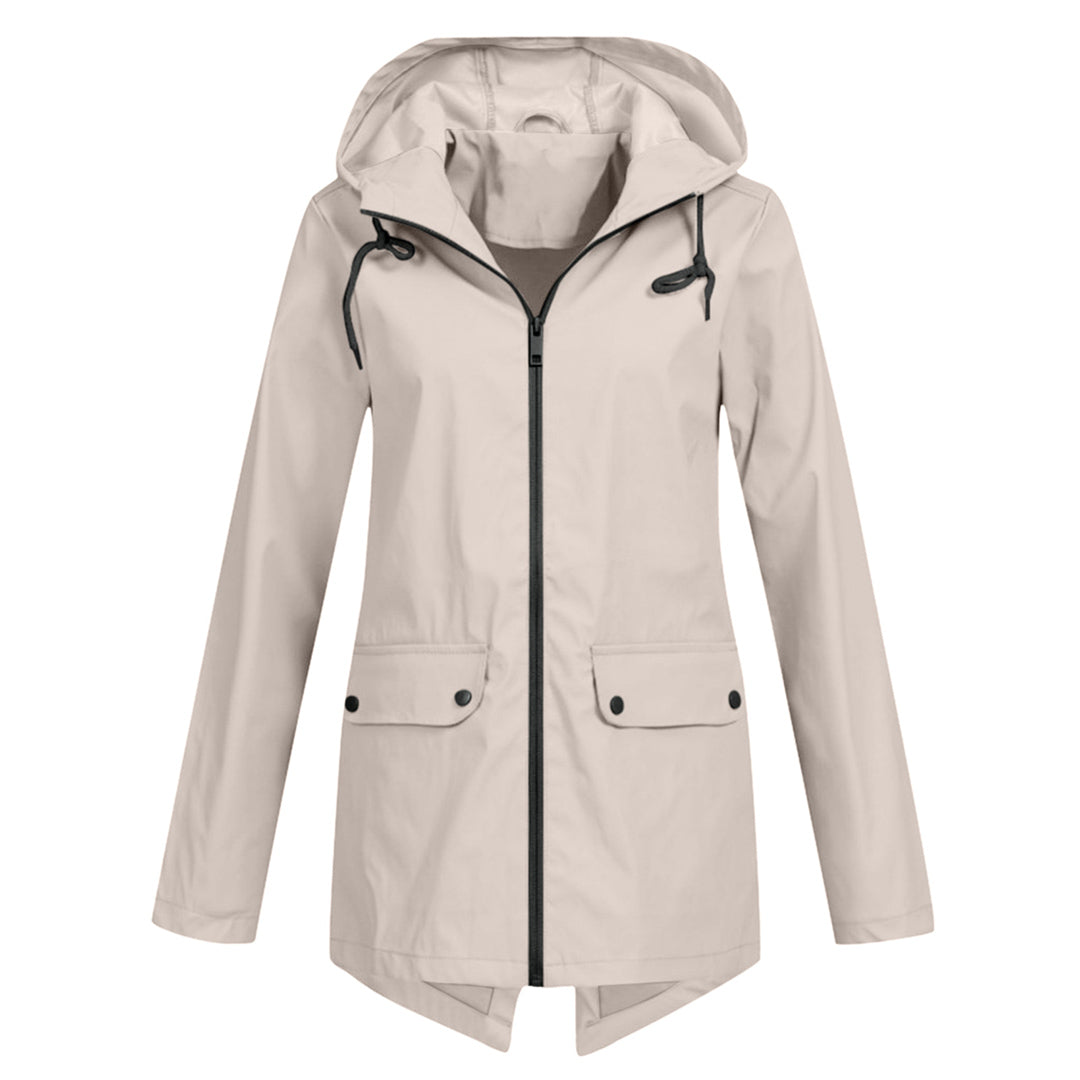 Women's long hooded rain jacket with secure zip front closure.
