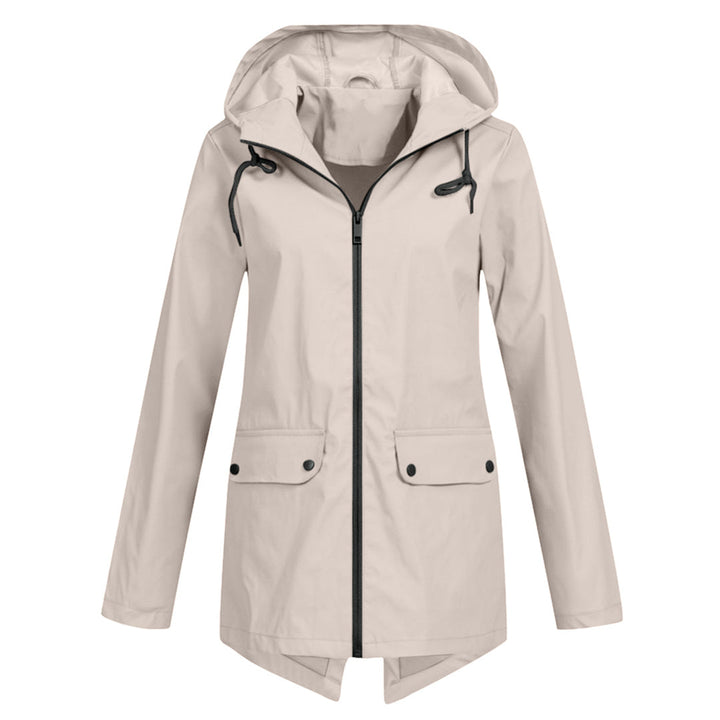 Women's long hooded rain jacket with secure zip front closure.