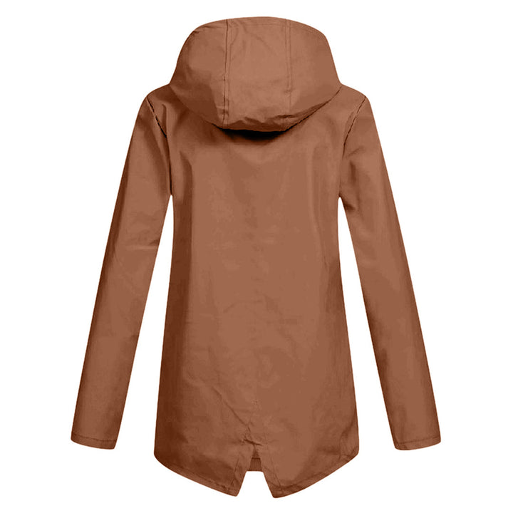 Chic women's rainwear: long hooded jacket with zip fastening.