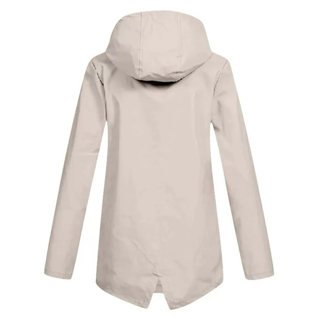 Waterproof outerwear for women, a stylish hooded long rain coat.