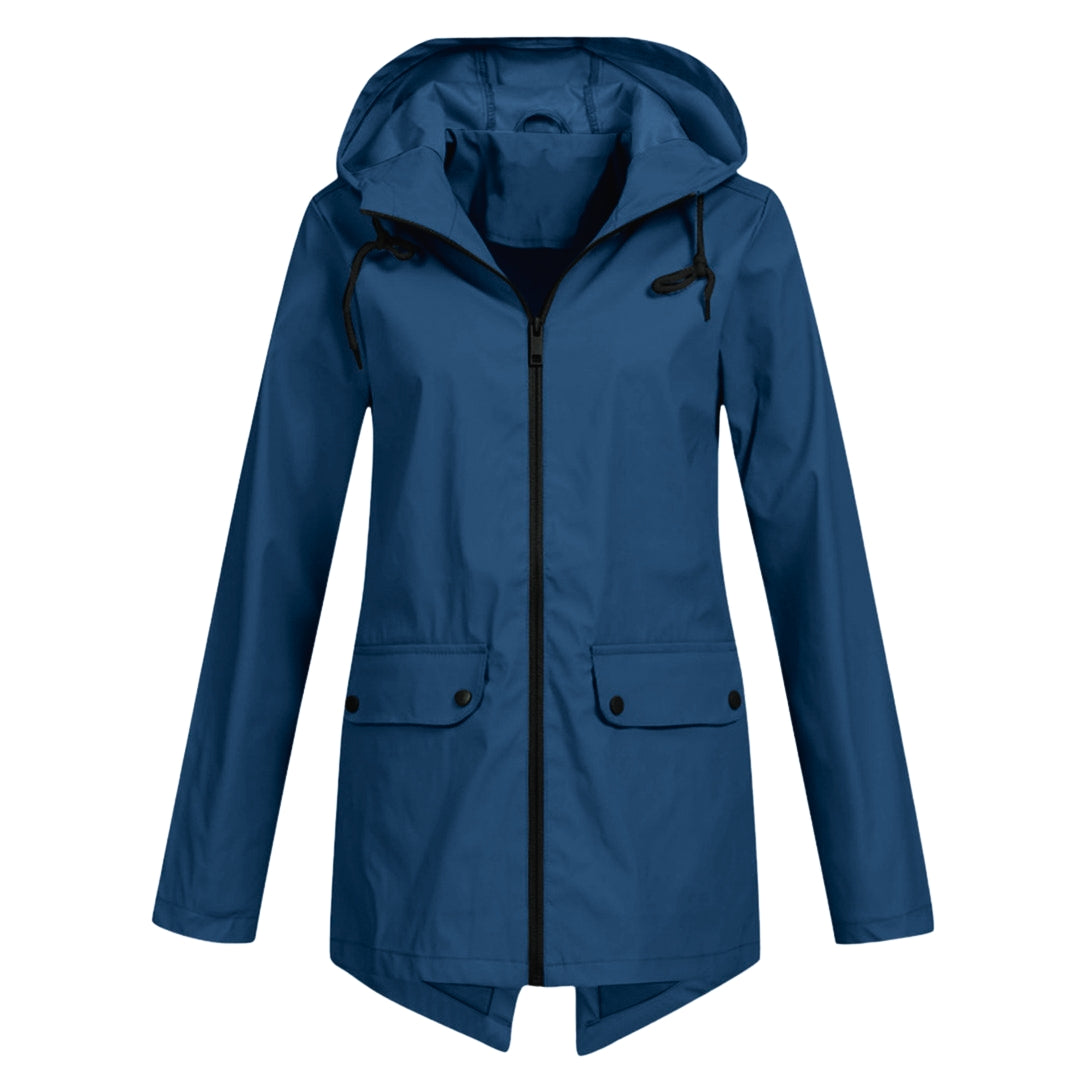 Zip front women's rain jacket, ideal all-weather essential.