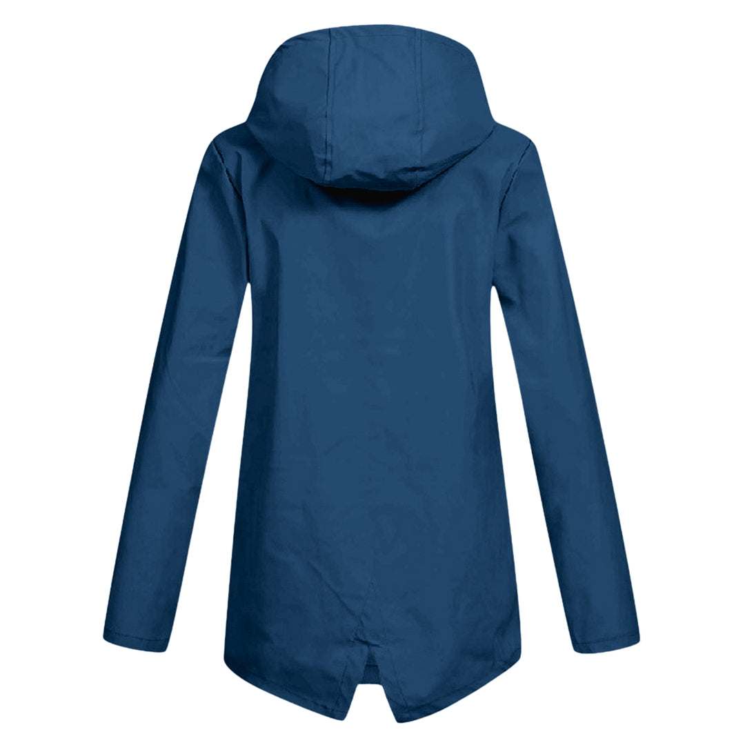 Fashionable hooded rain jacket for women, perfect commuter wear.