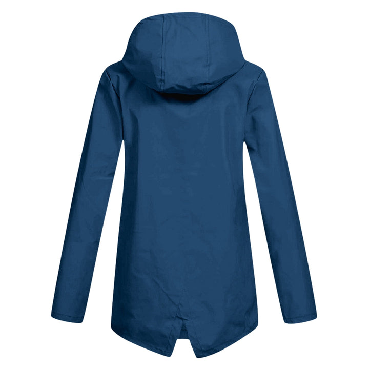 Fashionable hooded rain jacket for women, perfect commuter wear.