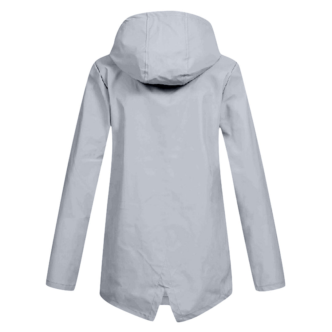 Stylish women's rain jacket featuring a convenient zip front.