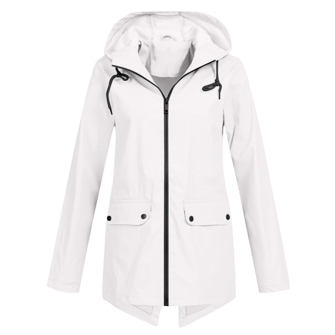 Travel essential: lightweight hooded long rain jacket for women.