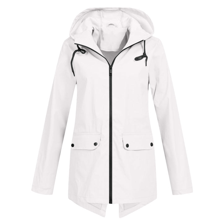 Travel essential: lightweight hooded long rain jacket for women.