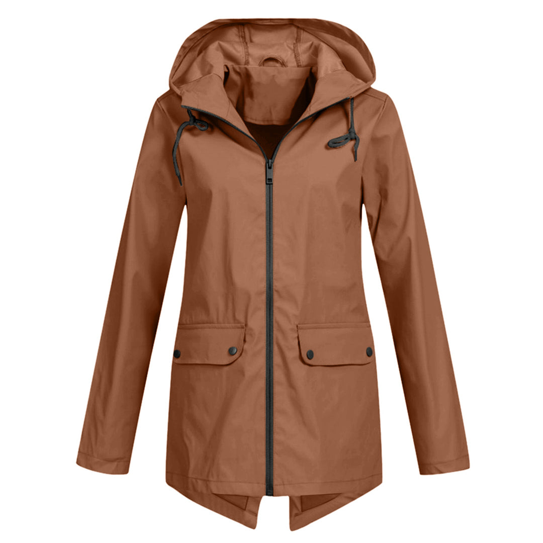 Versatile all-weather jacket for women, hooded and waterproof.