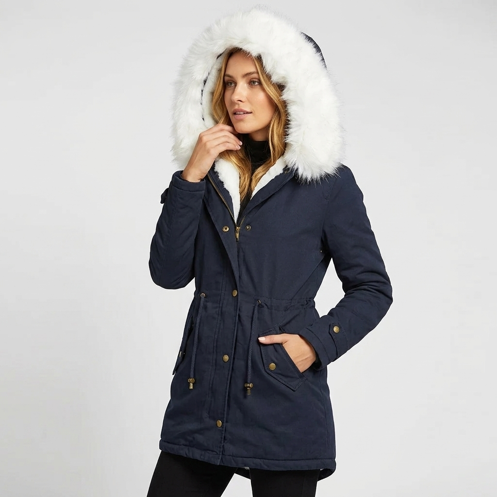 Women's long hooded snow jacket with luxurious fur trim and adjustable belt