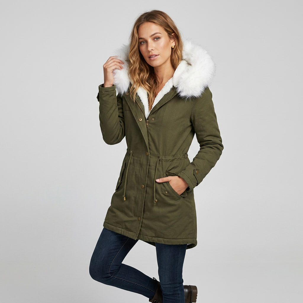 Elegant fur-trimmed hooded snow jacket for women, designed with a flattering belt