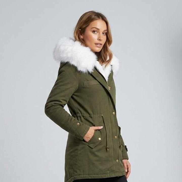 Warm and fashionable women's winter coat with a deep hood and stylish fur trim