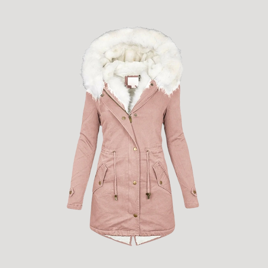 Long belted snow jacket for women, highlighting a luxurious fur-trimmed hood