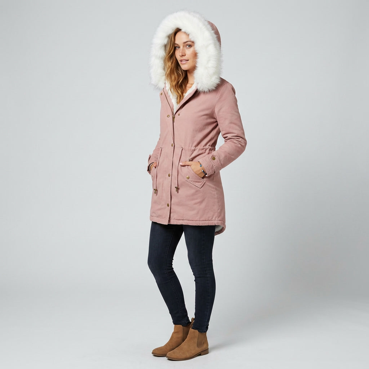 Women's hooded puffer coat with a chic fur trim and a stylish belt for warmth