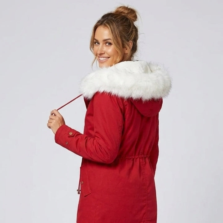 Fashionable outerwear: women's hooded snow jacket with faux fur trim and belt