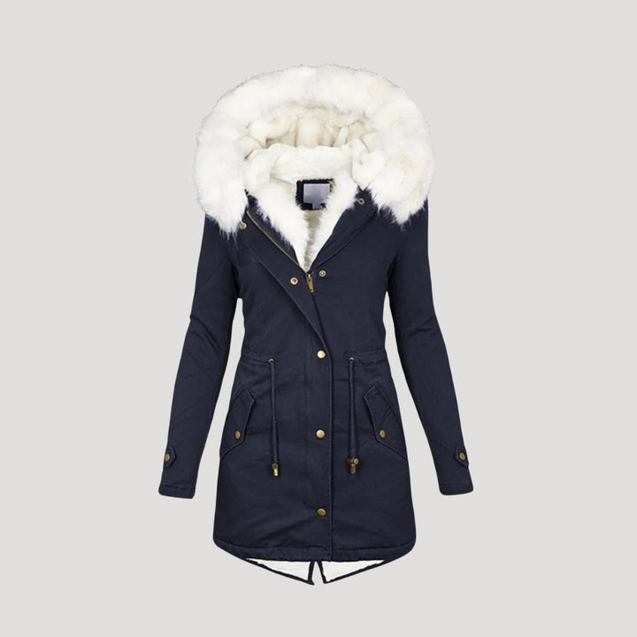 Cozy women's winter coat, featuring a deep hood and stylish fur trim detail