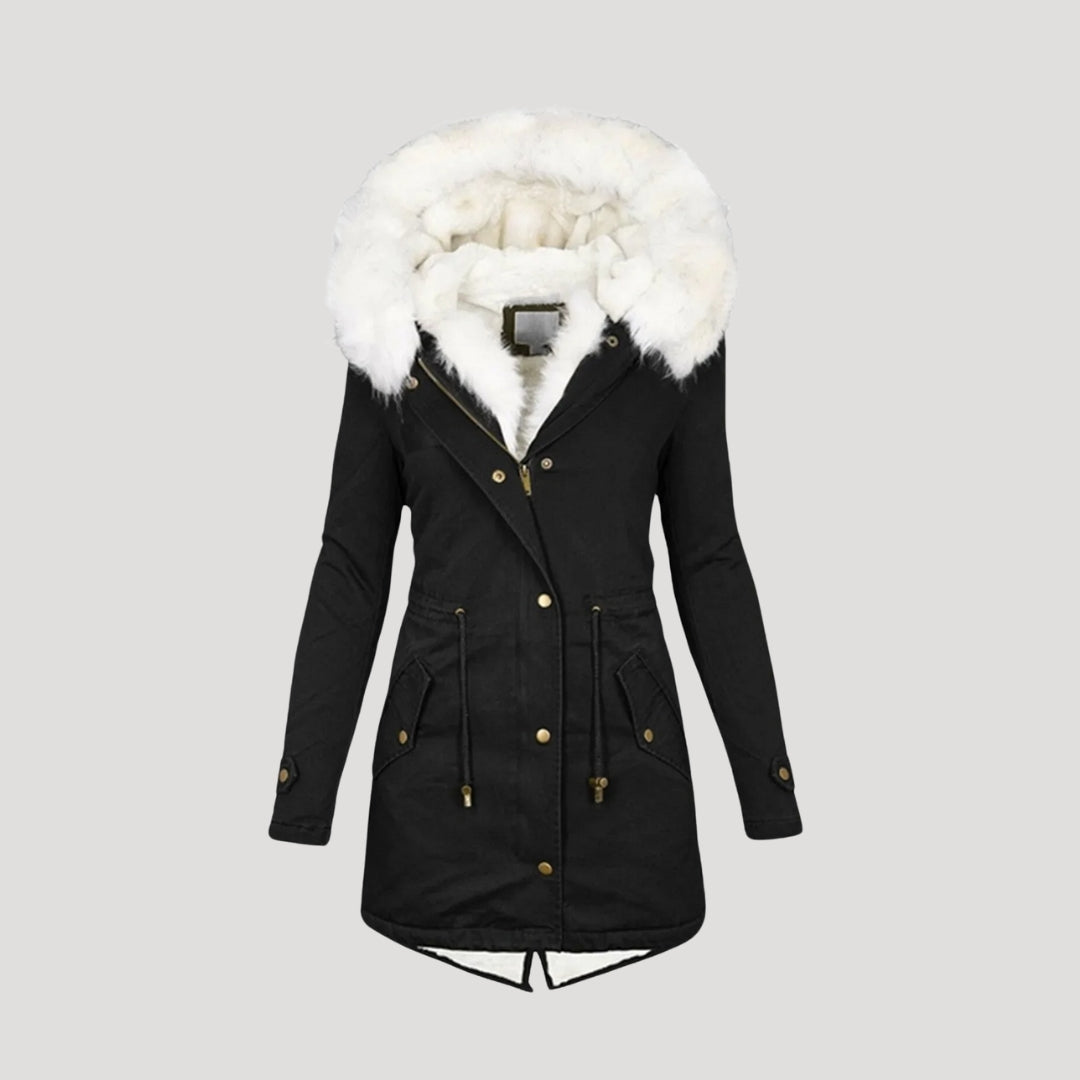 Warm and stylish women's hooded jacket, perfect for snowy adventures, with fur accent