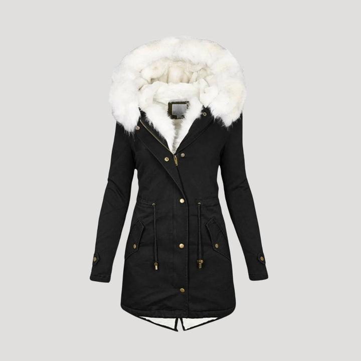 Warm and stylish women's hooded jacket, perfect for snowy adventures, with fur accent