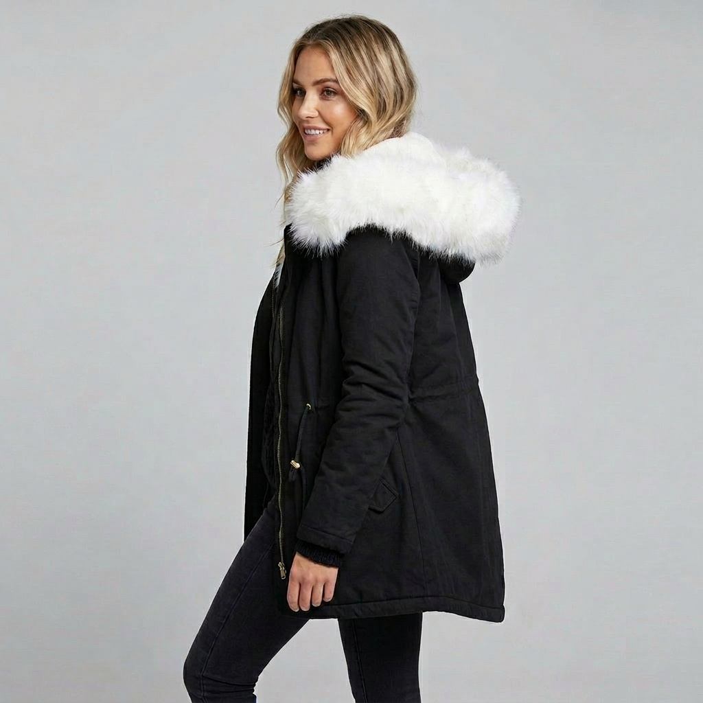 Chic women's winter outerwear: a long hooded coat with a removable fur trim