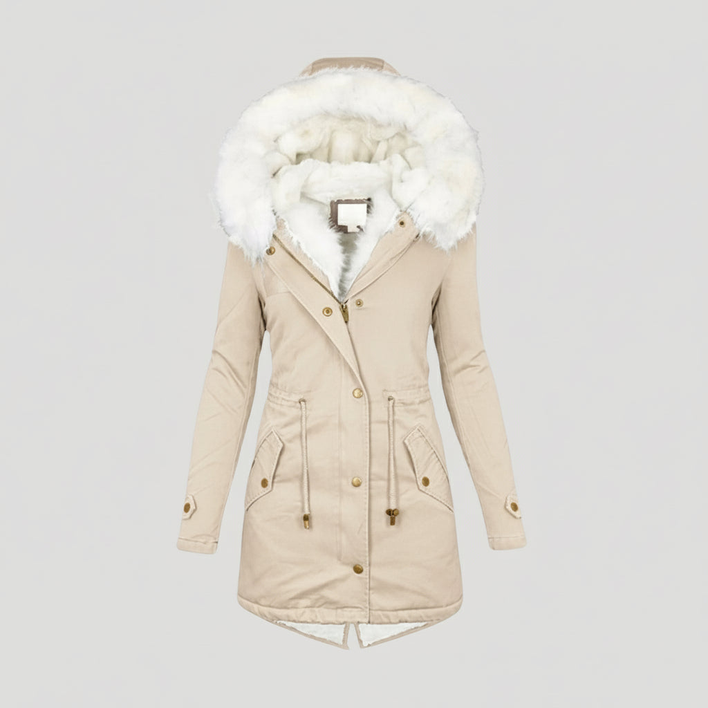 Stay warm in this women's long puffer coat with fur-trimmed hood and fashion belt