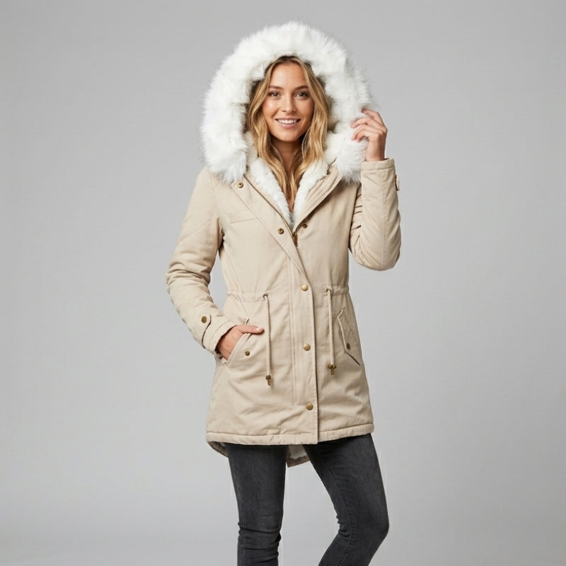 Full-length women's snow jacket with a cozy fur-trimmed hood and cinching belt