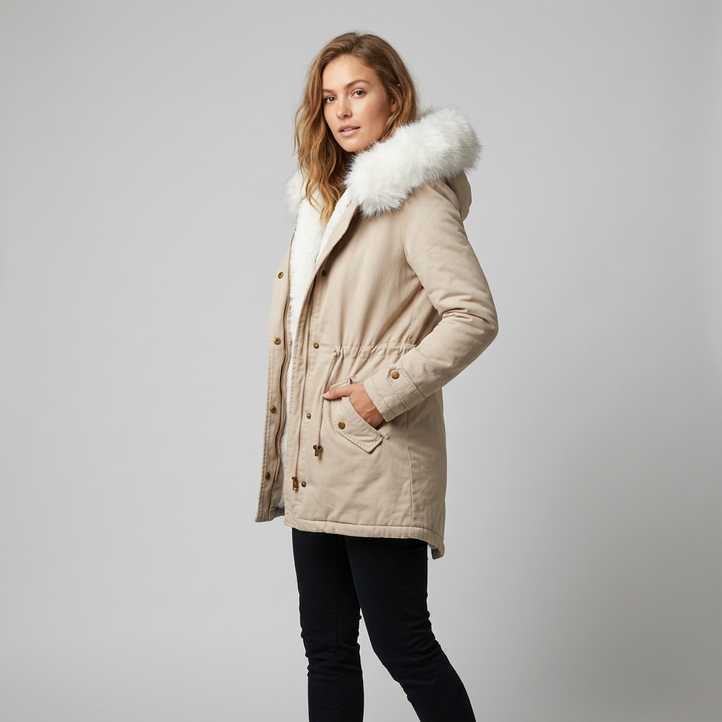 Stylish hooded winter coat for women, detailed with a premium fur trim and belt