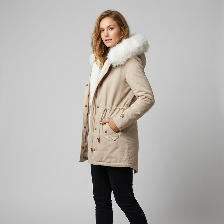 Stylish hooded winter coat for women, detailed with a premium fur trim and belt