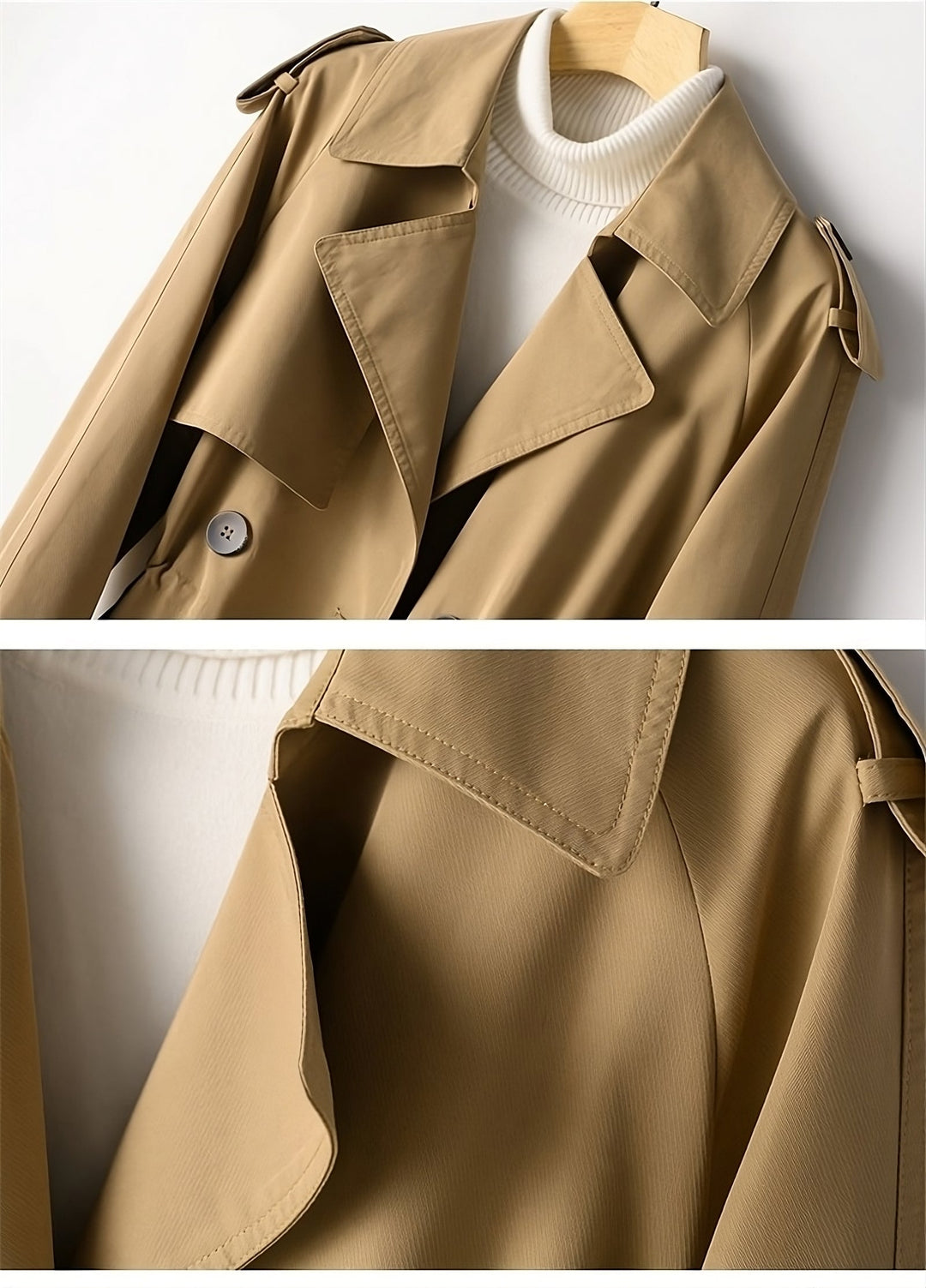 Woman wearing the Long Marissa trench coat, demonstrating stylish fall fashion outerwear.