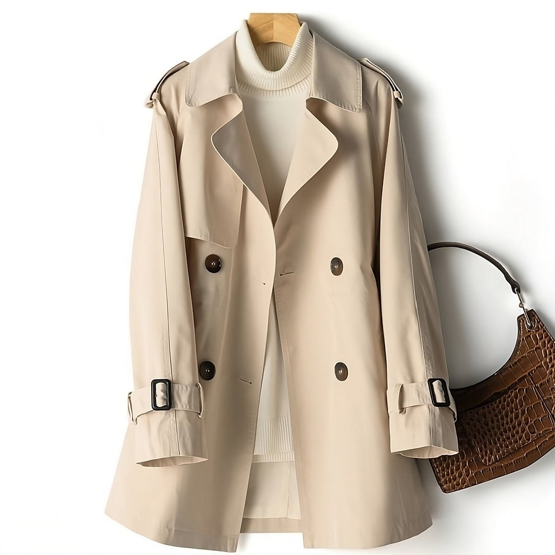 Detailed shot of the water-resistant fabric on the Long Marissa fall trench coat.