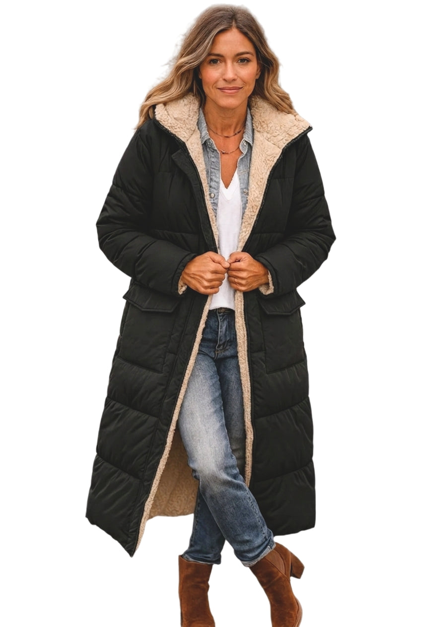Women's long puffer jacket with warm hood and plush lining