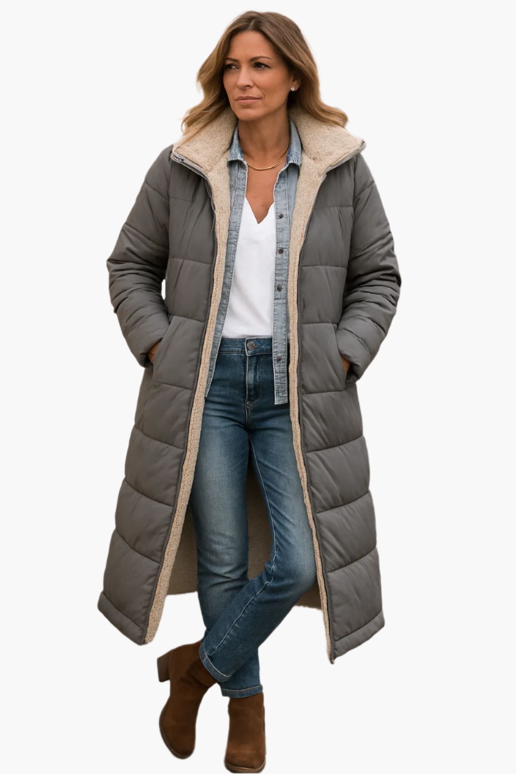 Fashionable long puffer jacket for women with soft, warm lining