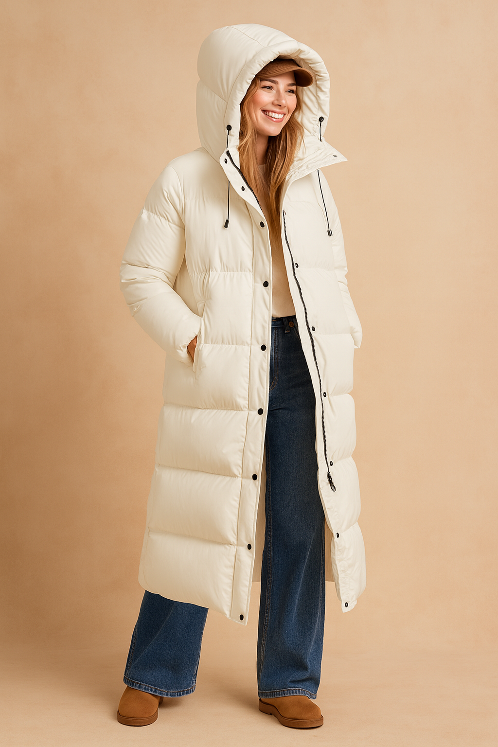 Stylish women's long puffer winter coat with a warm hood, perfect fashion jacket for cold weather.