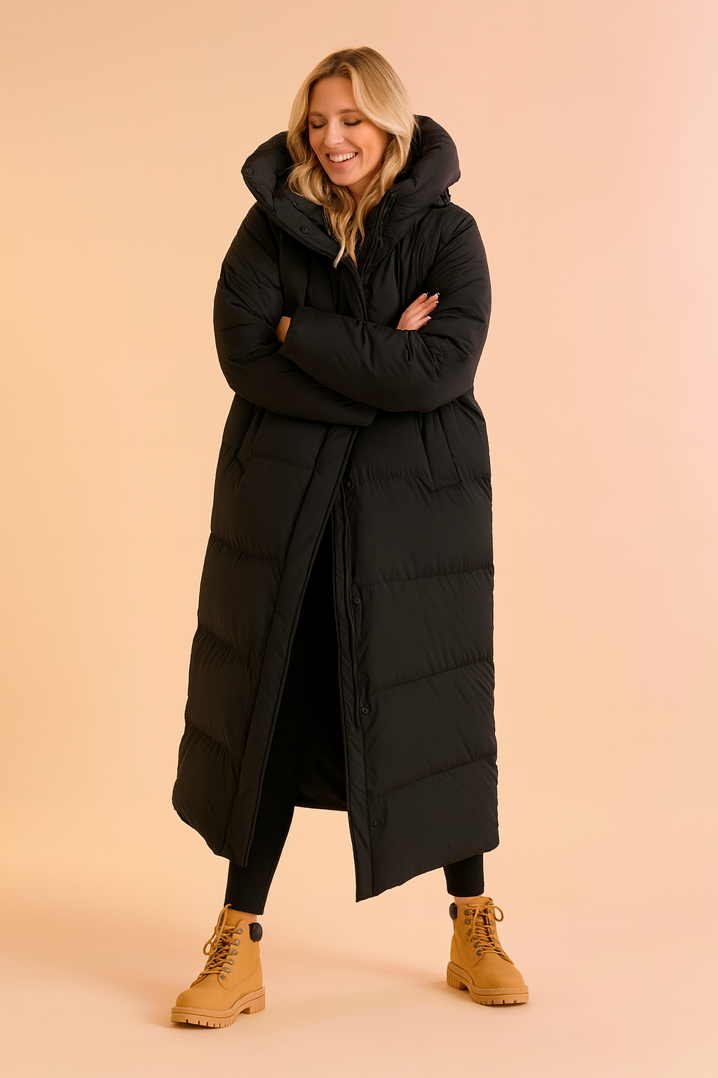 Fashionable women's long hooded winter jacket, a warm quilted puffer coat for ultimate cold protection.