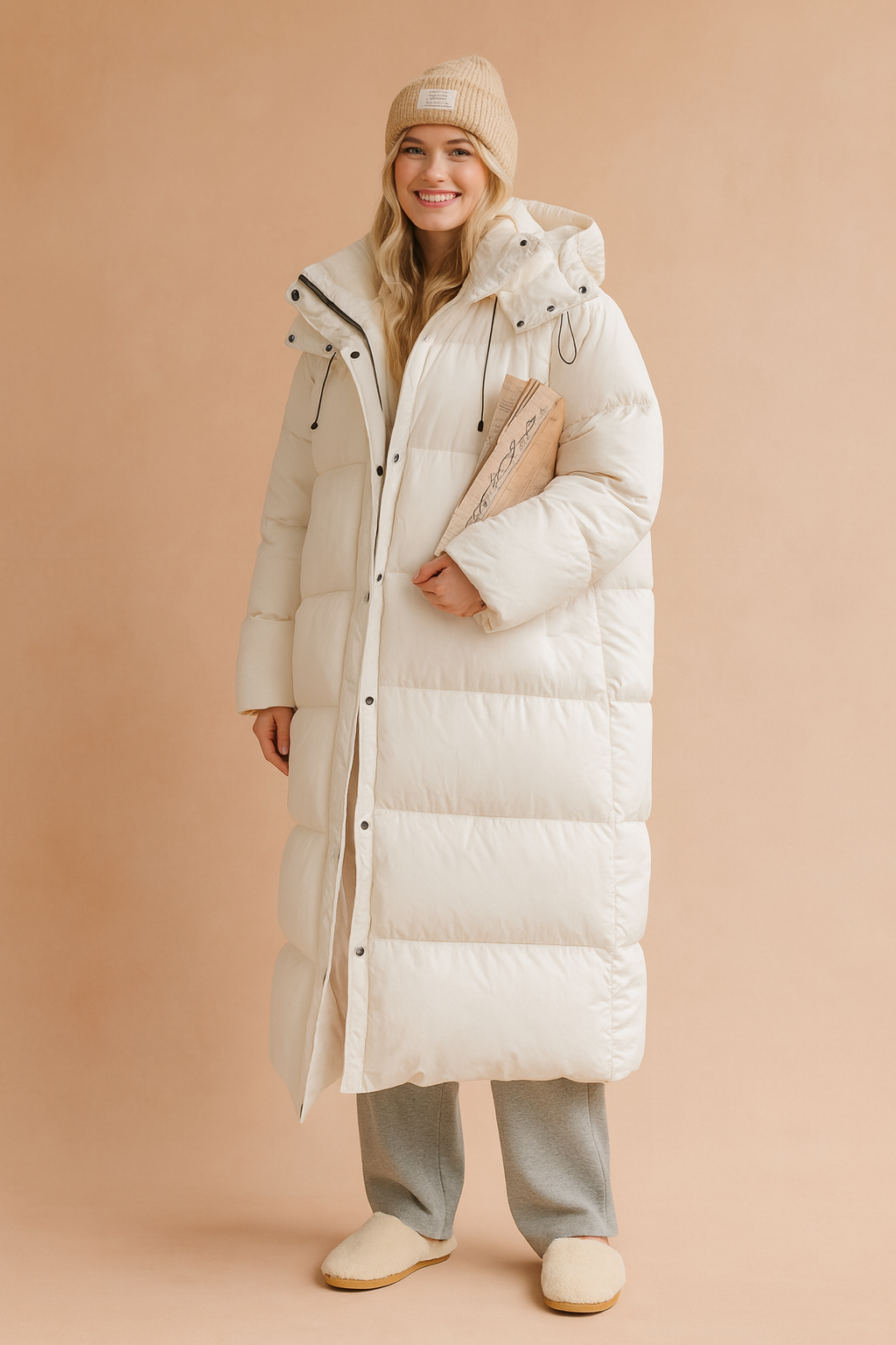 Chic women's long quilted hooded winter jacket, a warm and stylish puffer coat for cold weather.
