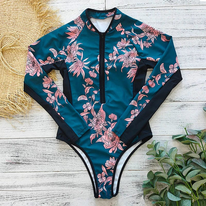 Sporty women's long sleeve swimsuit with front zipper for excellent sun protection & active wear.
