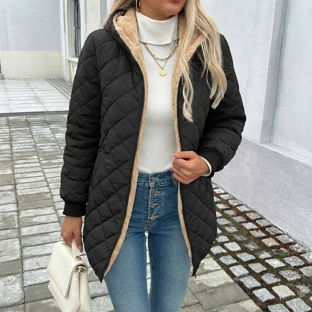 Women's longline hooded quilted coat in black, ideal for cold weather & stylish winter outerwear.