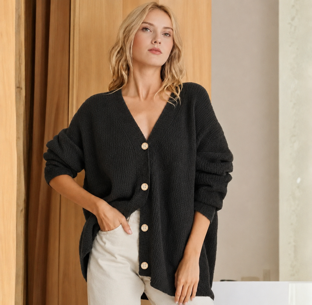 Stylish women's oversized longline cardigan. Features a chic button front, ideal for elegant or casual winter wear.