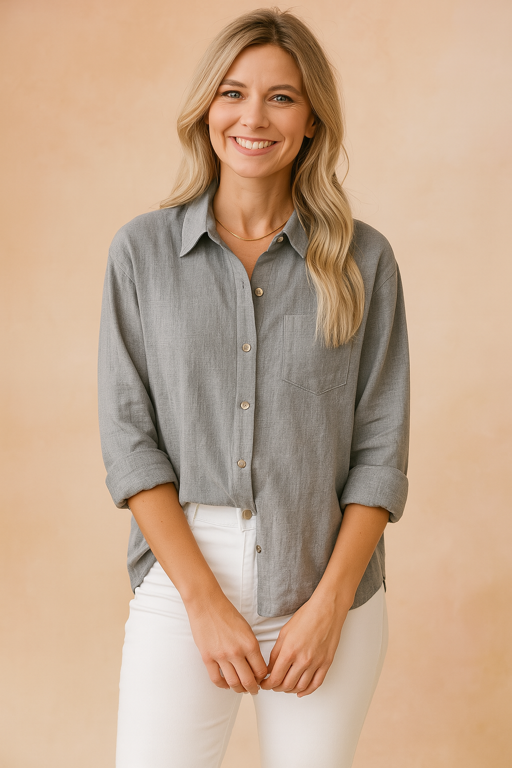 Versatile women's long-sleeve loose-fit button-down blouse, perfect for everyday casual wear or chic work outfits.
