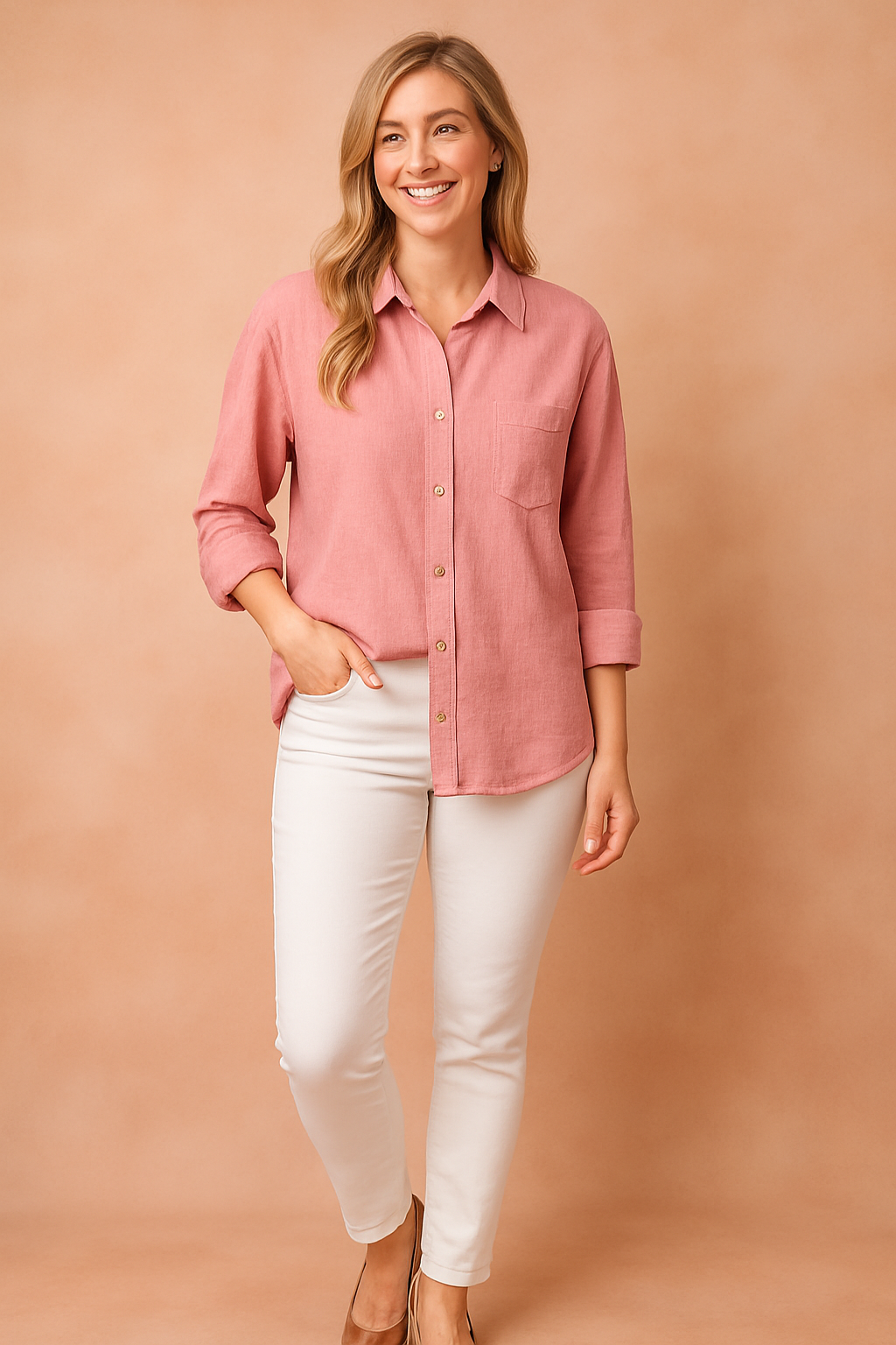 Stylish women's work blouse or casual loose-fit button-down shirt, featuring long sleeves and a chest pocket.