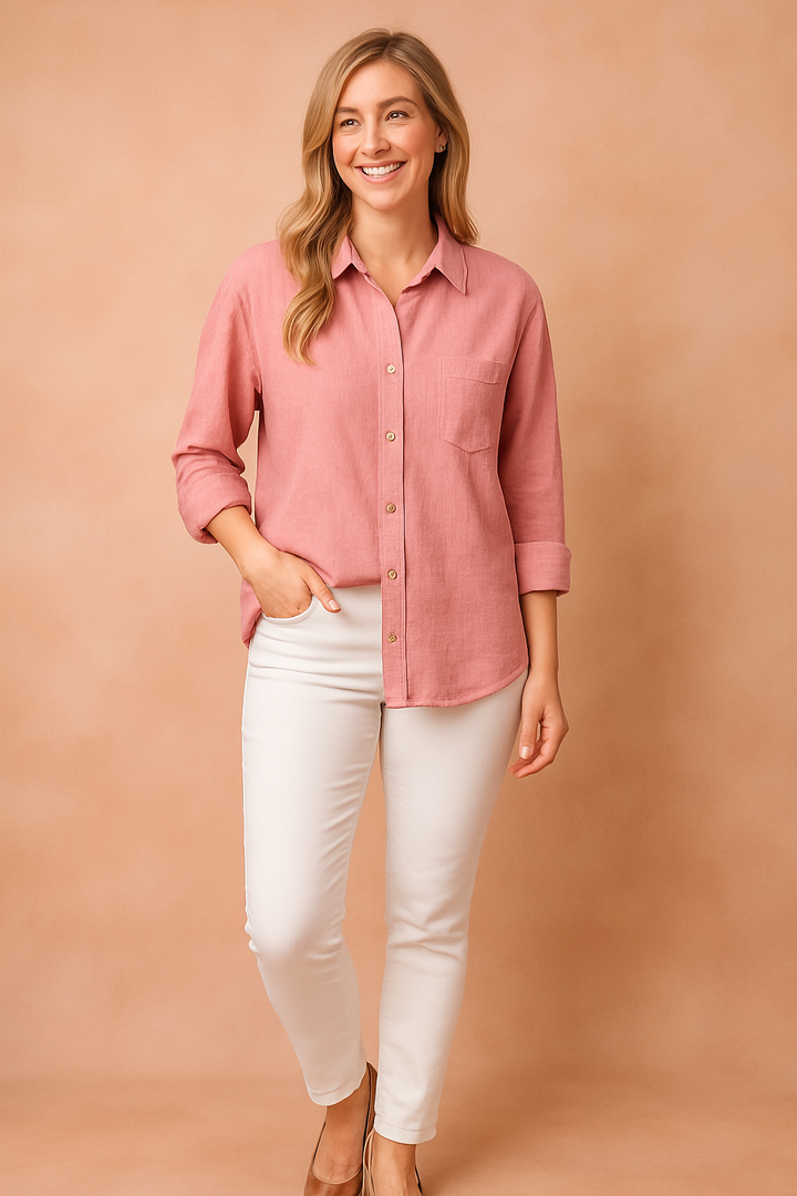 Stylish women's work blouse or casual loose-fit button-down shirt, featuring long sleeves and a chest pocket.