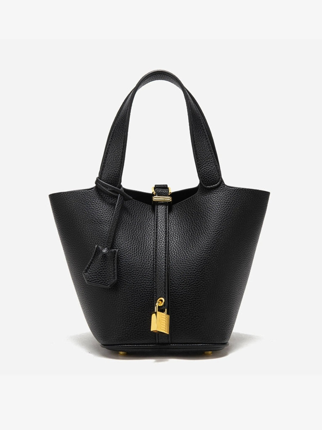 Women's luxe taupe leather bucket bag with gold hardware