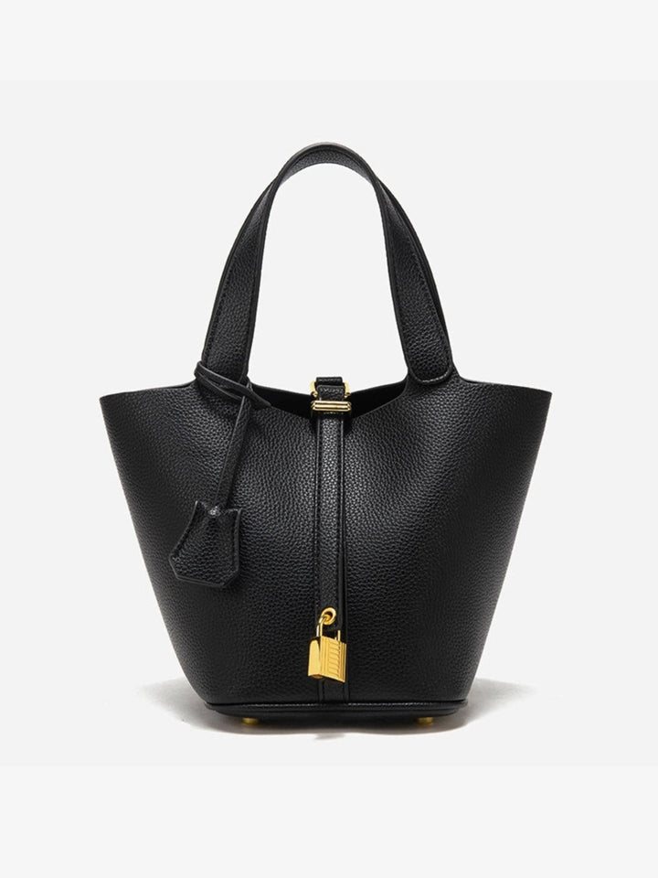 Women's luxe taupe leather bucket bag with gold hardware