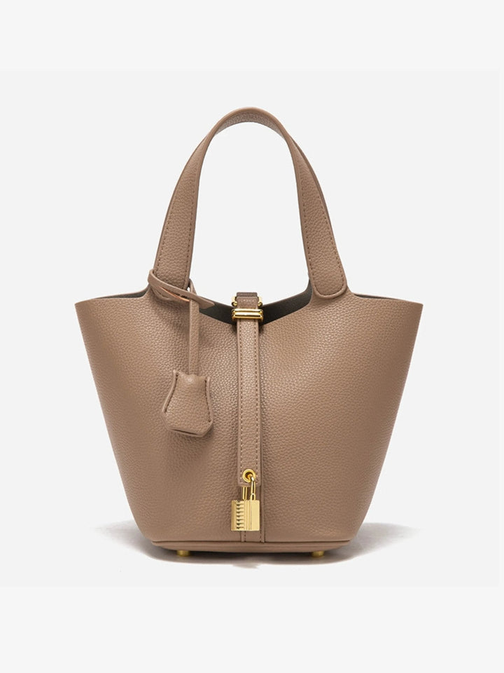 Stylish taupe leather handbag for women, designer inspired